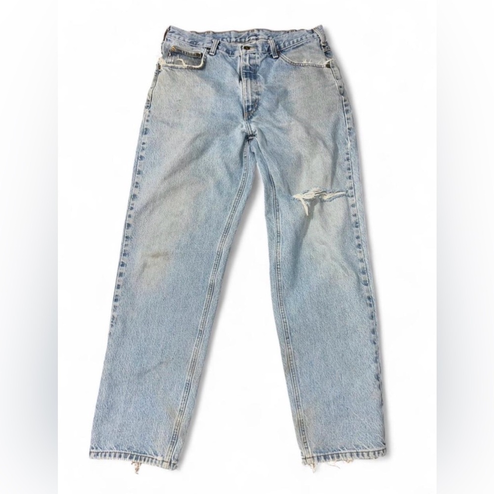 Vintage distressed Carhartt men's relaxed fit heavyweight blue denim jeans 36x32